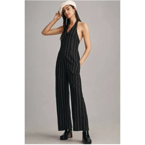 NWT - Little Lies x Anthropologie Black Pinstripe Halter Neck Jumpsuit - L